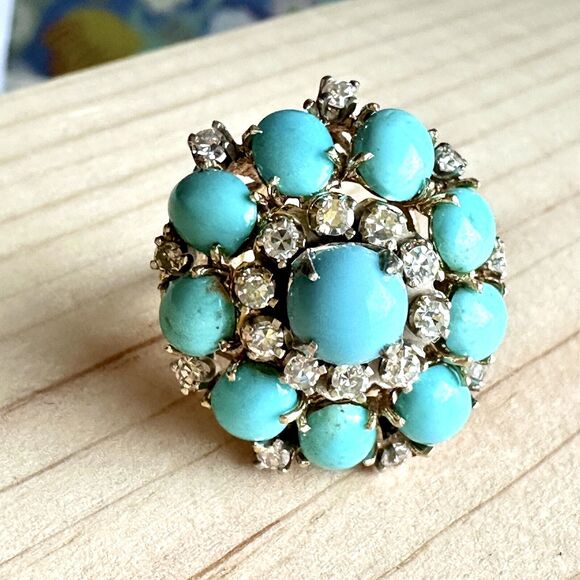 Vintage Diamond Turquoise Cocktail Ring Bombe Style - Picture 1 of 9